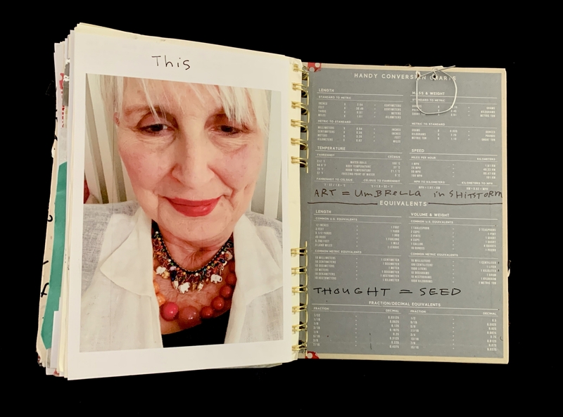 A photograph of a person is placed on top of a page containing conversion charts and handwritten notes.