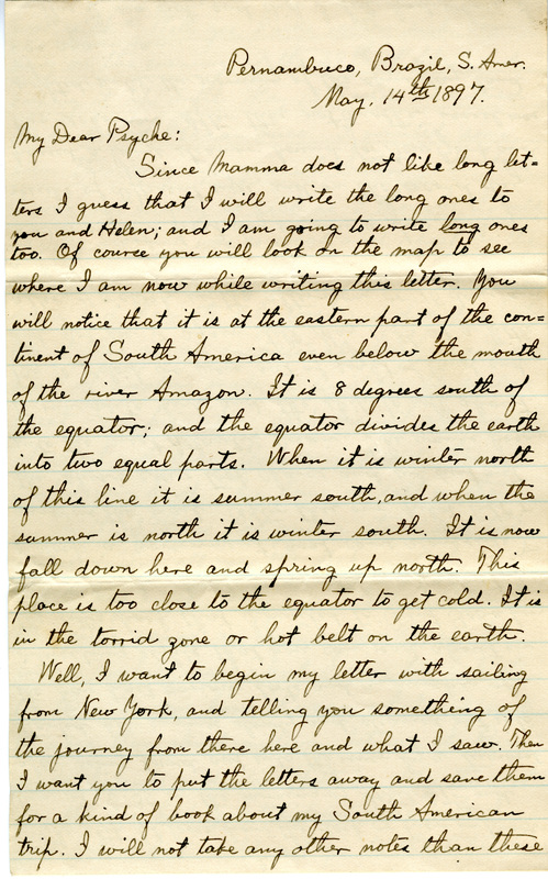 Handwritten 8 page letter from Lawrence Bruner to Psyche Bruner, "Since Mamma does not lile long letters I guess that I will write the long ones to you and Helen..."