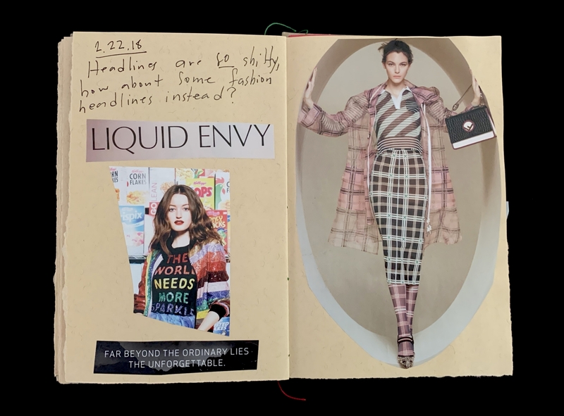 A scrapbook spread featuring a handwritten note, collage elements, and a model in a patterned outfit.