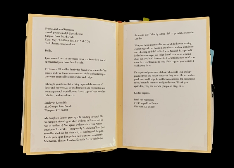 A scanned letter from Sarah van Riemsdijk to Peter Beard, expressing appreciation for his work and a desire to obtain a copy of an article.
