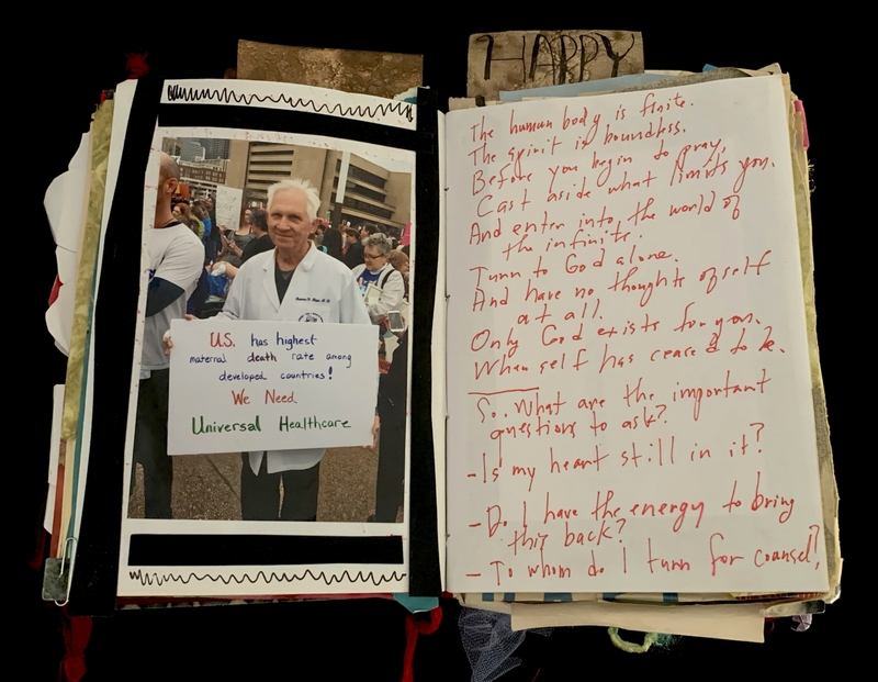 A collage of a photograph and handwritten notes discussing healthcare and spirituality.