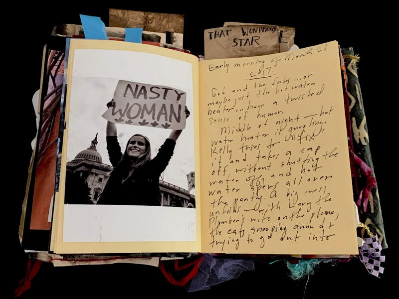 A collage-style page featuring a photograph of a protest sign and handwritten notes.