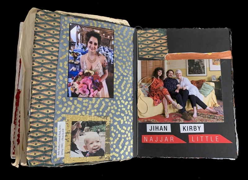 An open scrapbook with pages displaying photos of people and decorative patterns.