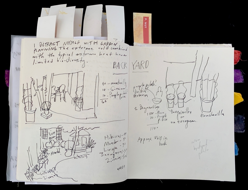Open journal with handwritten notes and sketches about gardening, featuring labeled plant diagrams.