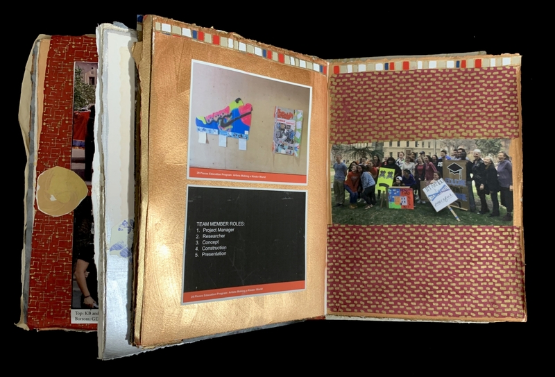 An open scrapbook showing a shoe graphic and team roles on one page, and a group photo with signs on the other.