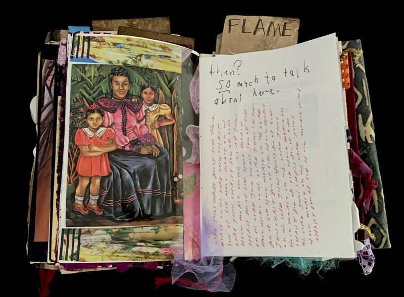 A collage featuring a painted portrait of a woman and two children, alongside a handwritten note with the word "FLAME" at the top.