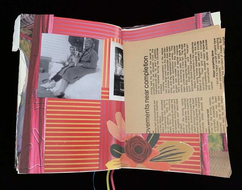 Open journal with a black-and-white photo of two women and a newspaper clipping on a red and pink striped background, decorated with floral artwork.