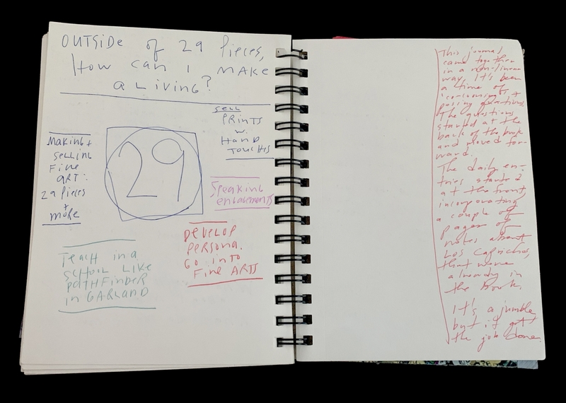 A journal page with handwritten notes and doodles, discussing artistic endeavors and career paths.