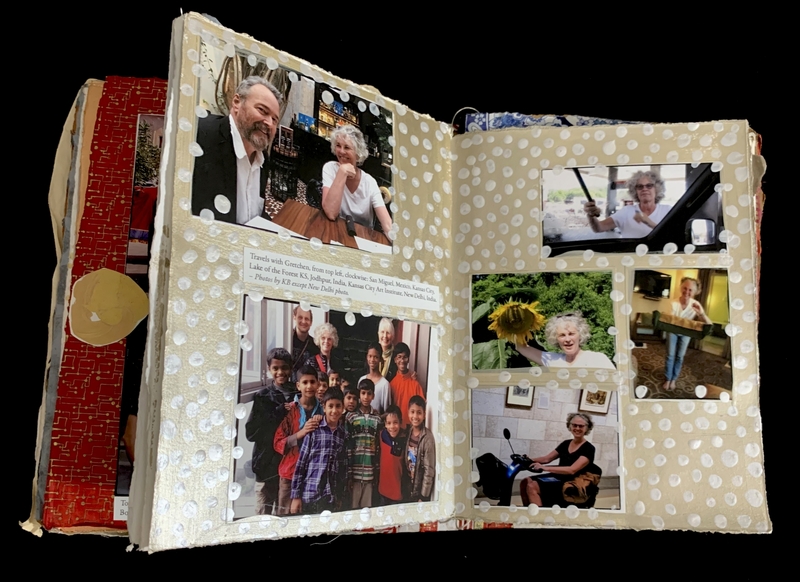 Open scrapbook with photos of people, polka dot background, and caption.