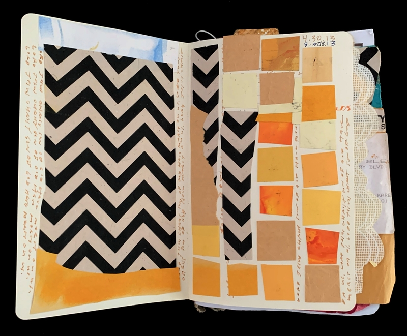 An open notebook with zigzag patterns and a collage of colored swatches.