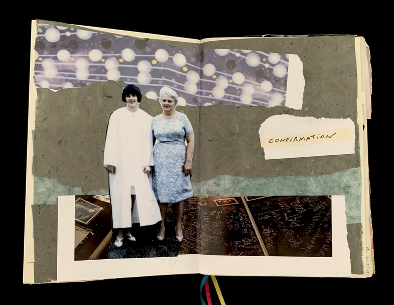 An open journal featuring a collage of a photograph of two people, handwriting, and abstract artwork.