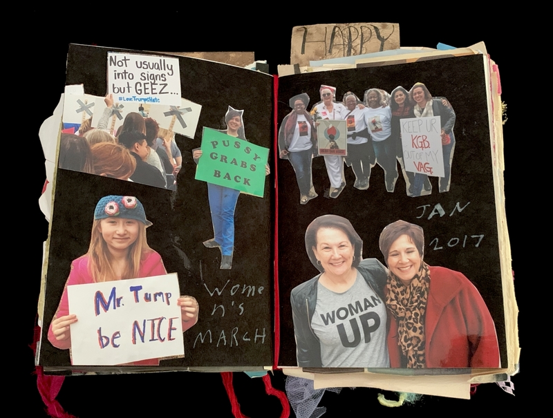 A collage of protest signs and images from the Women's March, featuring messages and slogans.