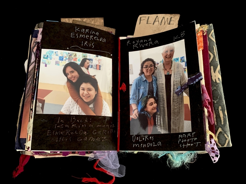 A scrapbook page featuring two photographs with handwritten labels and decorative elements.