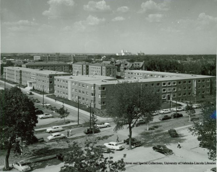 Seaton, Fairfield and Benton Halls during construction, 1947.