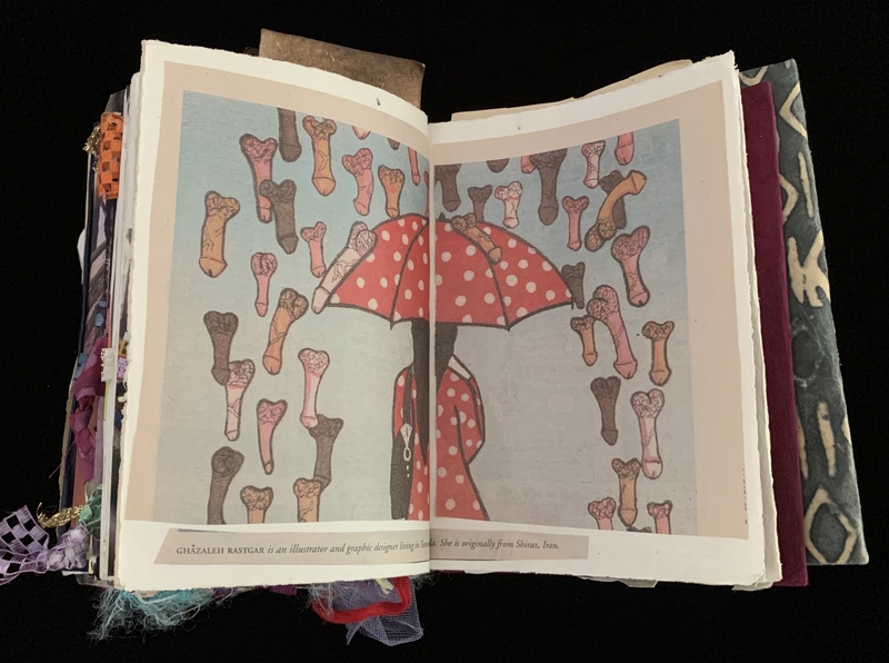 A whimsical illustration of a figure holding a polka-dotted umbrella amidst a backdrop of bones.