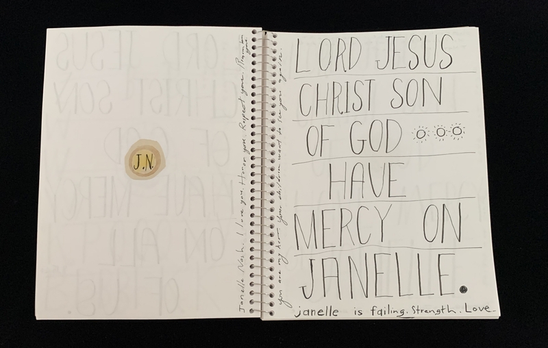 A handwritten prayer page with a prayer for Janelle and a note about her failing strength and love.