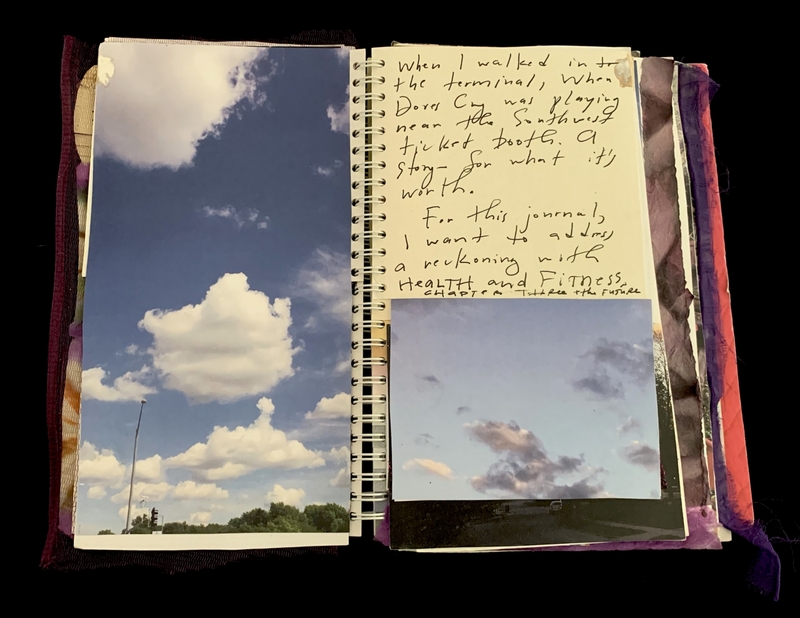 A journal page featuring a photograph of a sky with clouds and handwritten text discussing health and fitness.