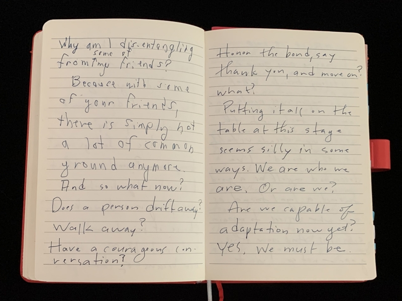 Open notebook with handwritten text on friendship and adaptation themes in cursive writing.