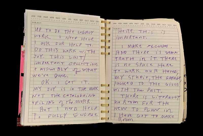 A handwritten note in a spiral-bound notebook discussing the need for help with legacy work and the importance of making space for new work.
