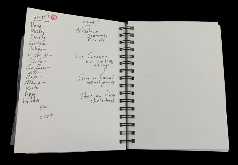 A handwritten list of names and potential gift ideas in a spiral-bound notebook.