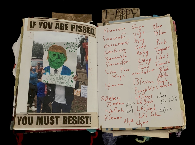 A collage featuring a protest sign, a handwritten list of names and colors, and a photograph of a protest scene.