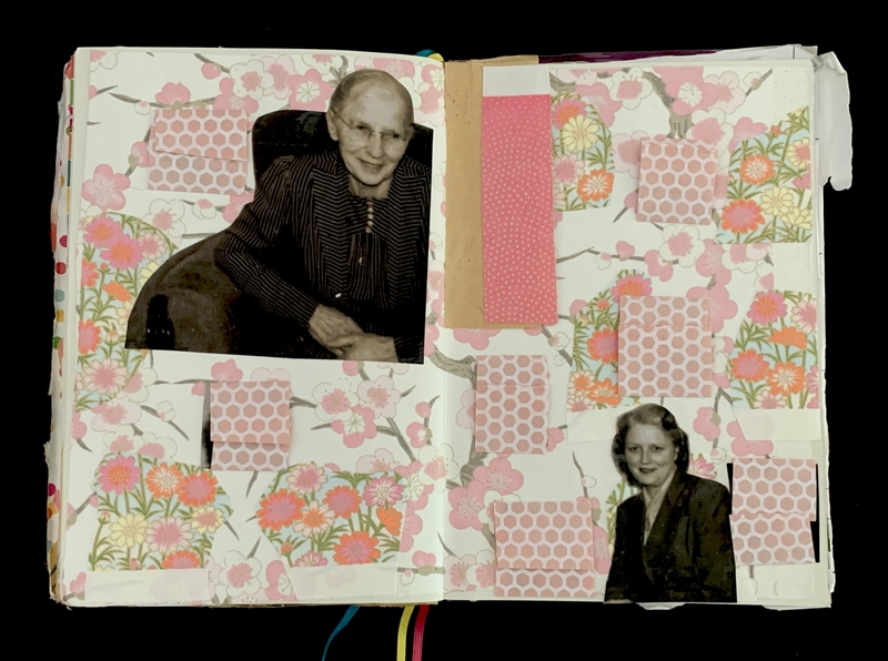 An open journal with floral-patterned pages, featuring black-and-white photos and pink patterned paper.