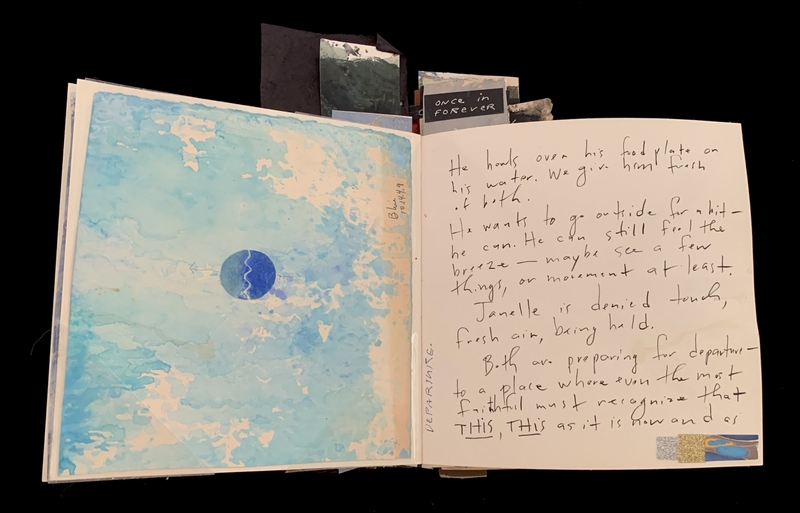 An open book showing a watercolor painting on the left page and handwritten text on the right page.