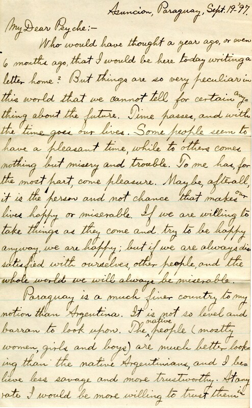 Handwritten 4 page letter from Lawrence Bruner to Psyche Bruner, "Who would have thought a year ago, or even 6 months ago, that I would be here today writing a letter home."