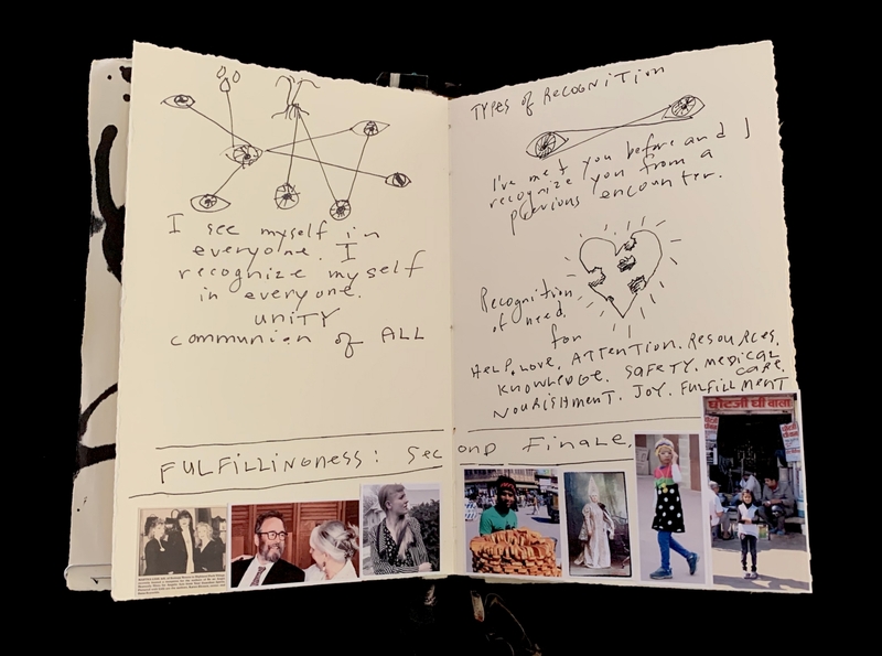 Open journal with handwritten notes, diagrams of eyes and a broken heart, and photographs of people.