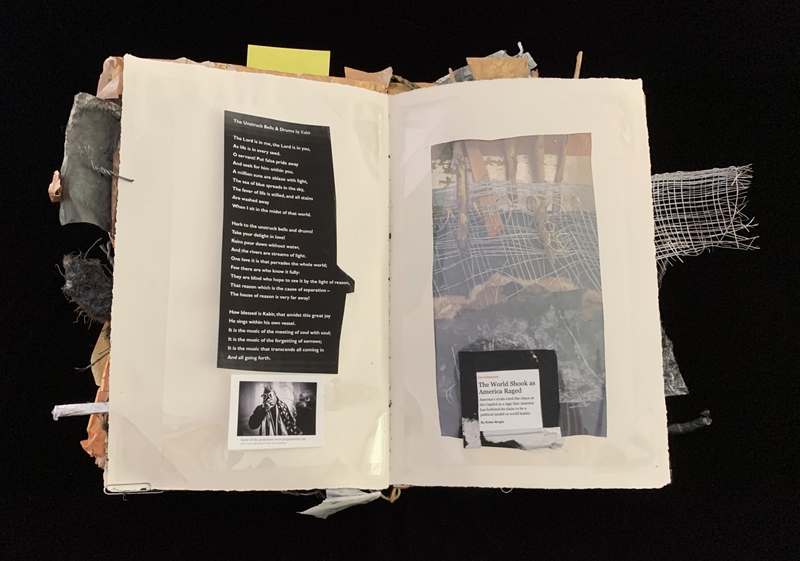A collage-style page featuring a poem, a photograph, and a torn piece of paper with text.