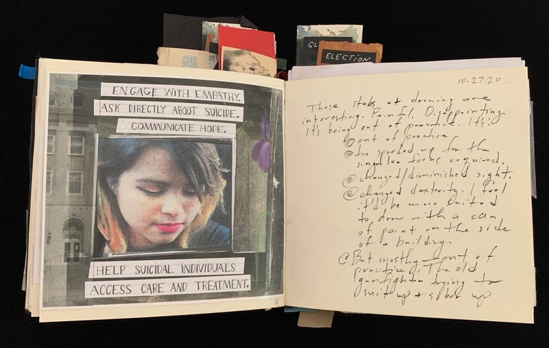 Open notebook with a collage about empathy on the left and handwritten notes on the right.