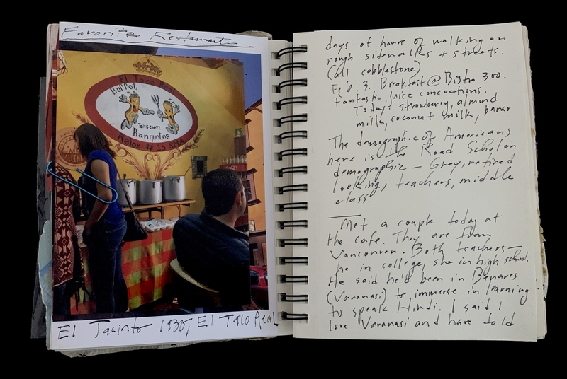A handwritten page from a journal with a photograph of a restaurant and accompanying notes.