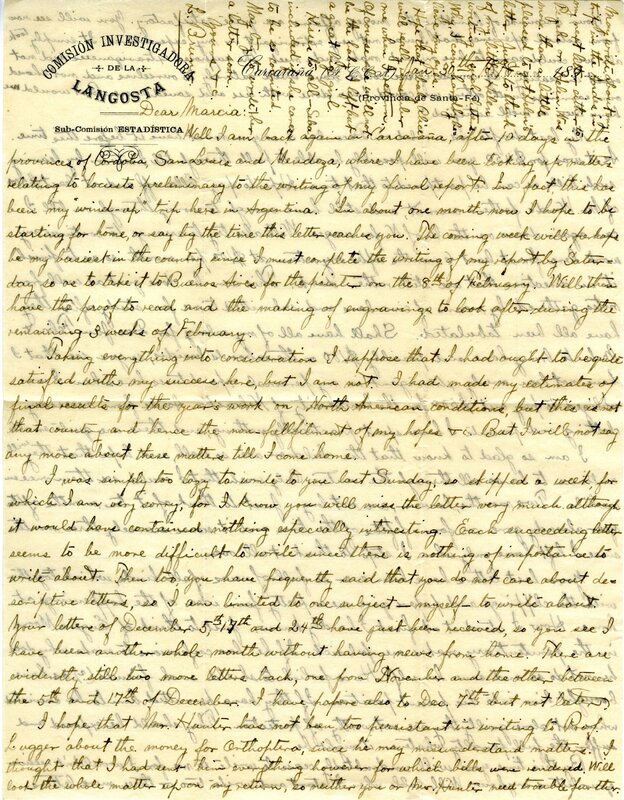 Handwritten 2 page letter from Lawrence Bruner to Marcia Bruner, "Well I am back again at Caracana, after 10 days…"