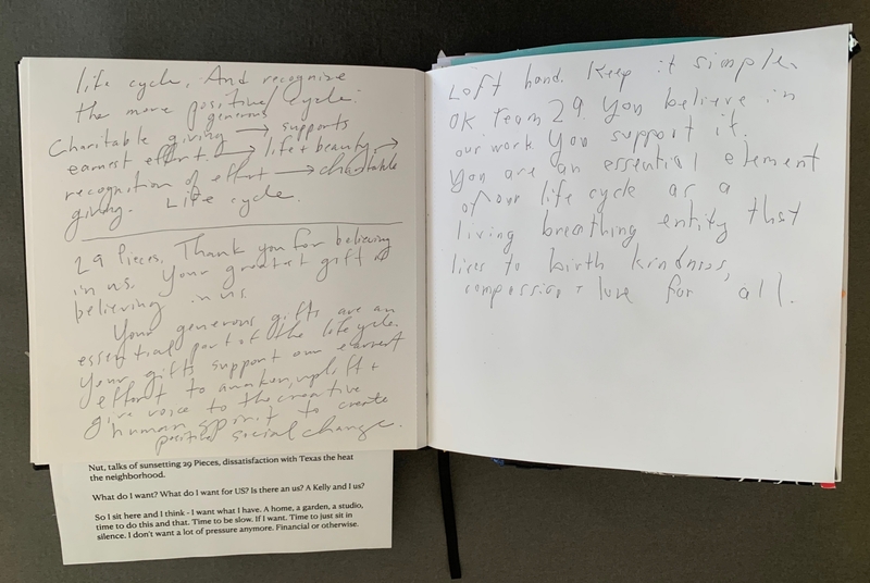 A handwritten journal page with various notes and reflections, including references to life cycles, charitable giving, and personal aspirations.