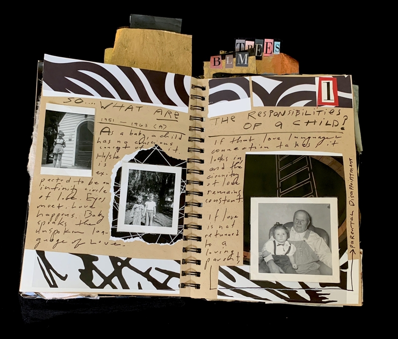 A scrapbook page featuring handwritten notes, photographs, and decorative elements, exploring themes of childhood responsibilities and family.
