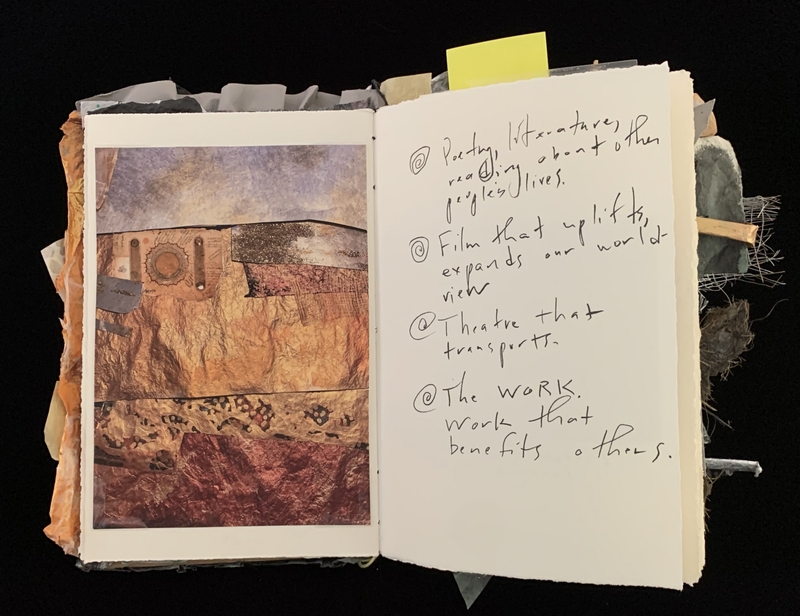 A page from a scrapbook or journal featuring a collage and handwritten notes.