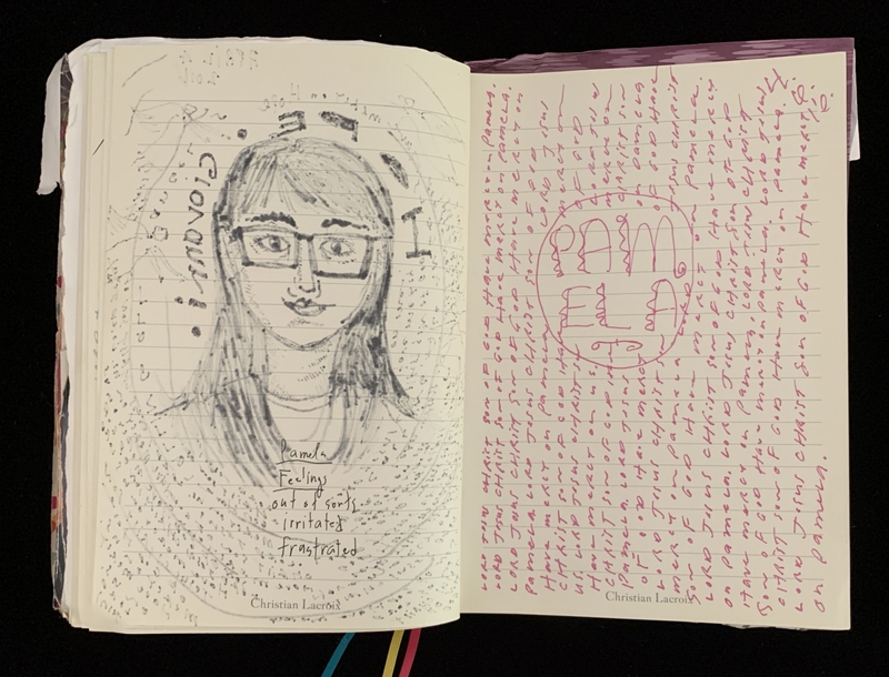 Open journal with a pencil drawing of a woman's face and handwritten text in English on both pages.