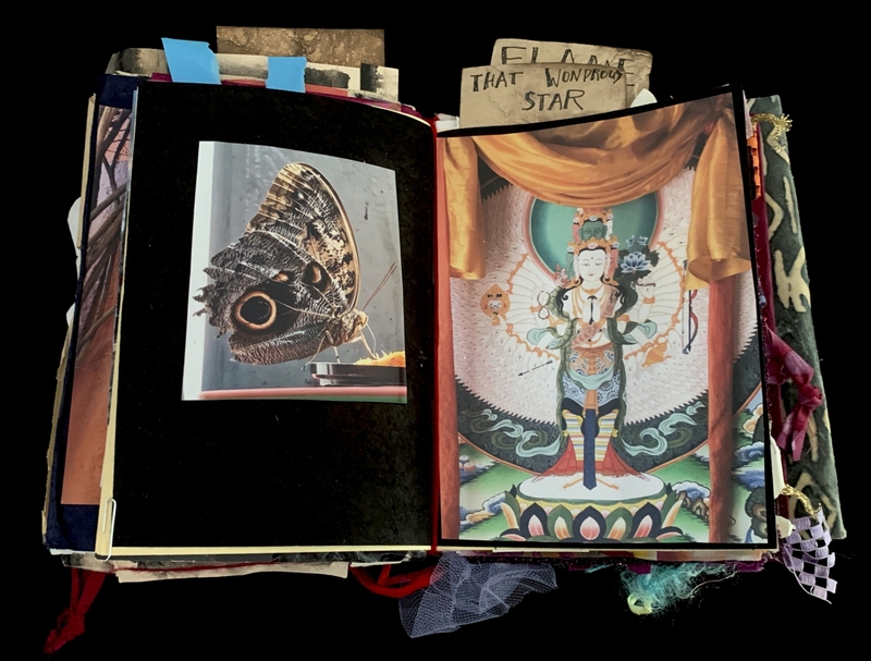 A mixed-media collage page featuring a photograph of a butterfly and a painted image of a deity.