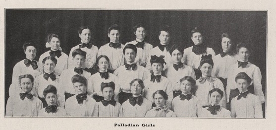 A group portrait of the female members of the Palladian Literary Society from the 1906 Sombrero.