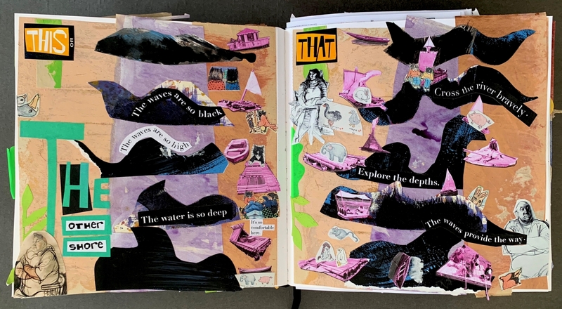 A collage-style journal page featuring abstract shapes, text snippets, and a mix of colors.