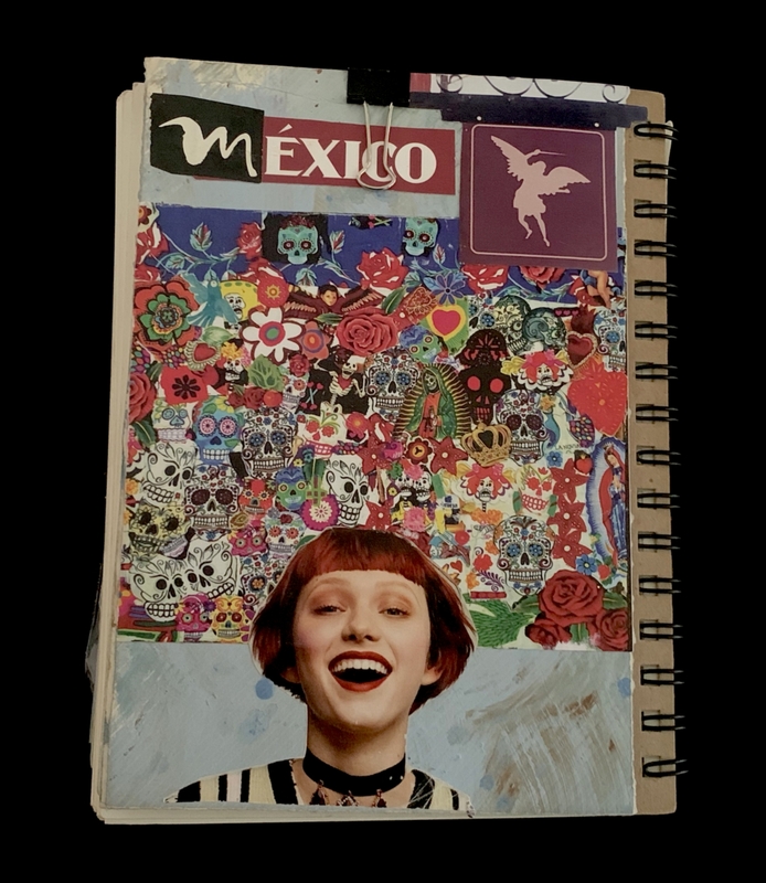 A collage-style notebook cover featuring vibrant imagery and text related to Mexico.