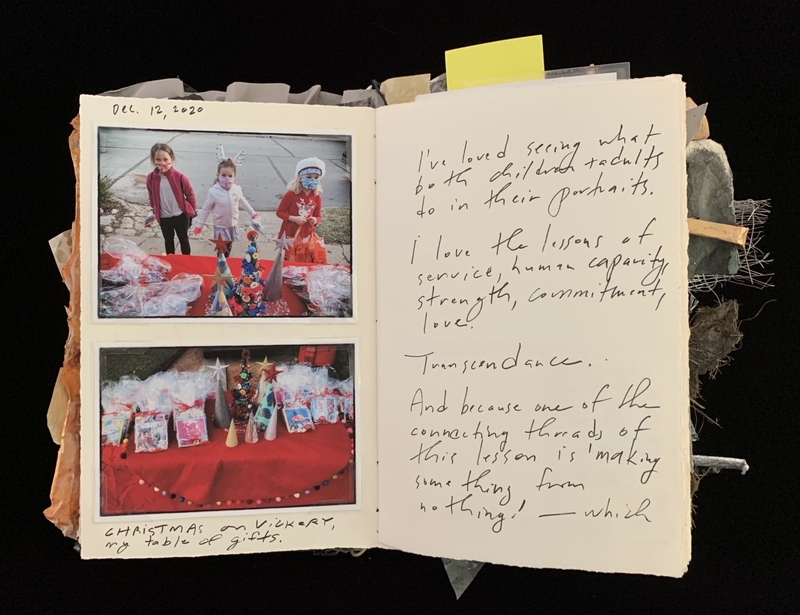 A scrapbook page featuring a photograph of children and a handwritten reflection on service, human capacity, and love.