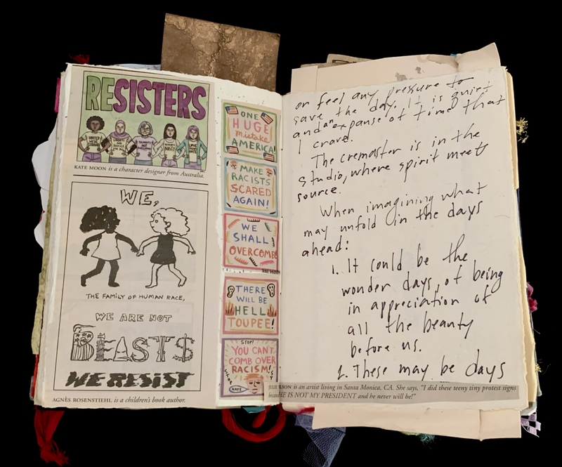 A collage of protest signs and handwritten notes discussing the future and appreciation of beauty.