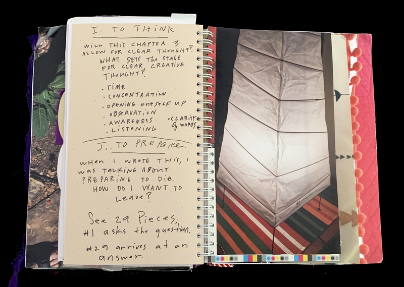 A journal page with handwritten notes and a photograph of a white, geometrically patterned object.
