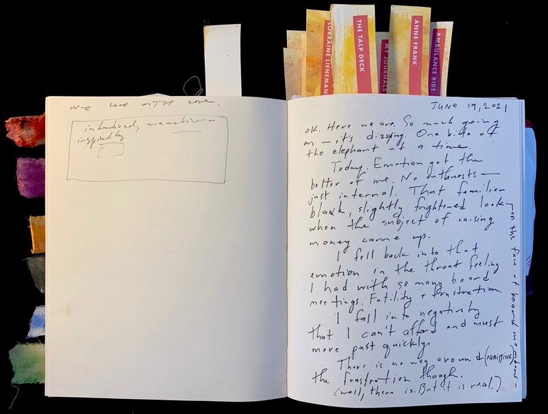 Open journal with handwritten text and colorful fabric tabs on the left page; extensive handwriting on the right page dated June 19, 2021.
