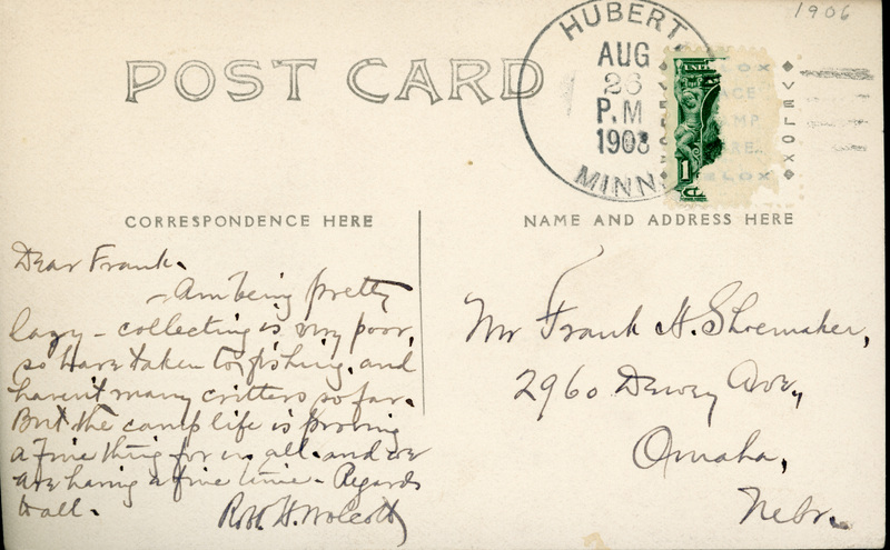 Handwritten postcard from Robert H. Wolcott to Frank H. Shoemaker, "Am being pretty lazy collection is my poor so Harz(?) taken..."
