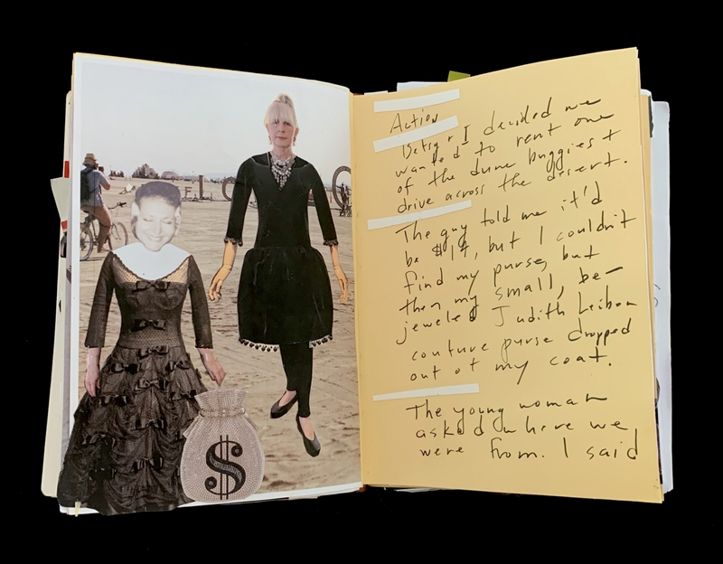 A scrapbook page featuring a photograph of two women in a desert setting, accompanied by handwritten notes.