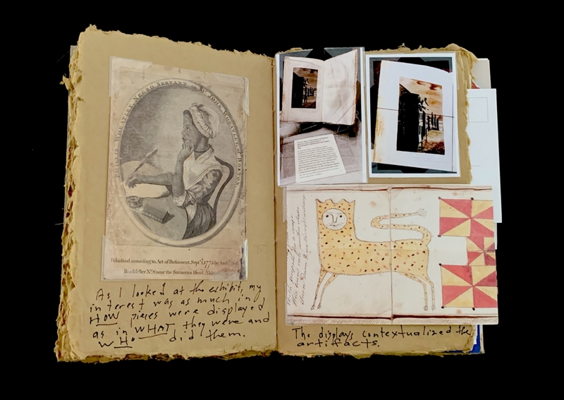 An open book with an illustration of a woman on the left and a collage of photos and illustrations on the right.
