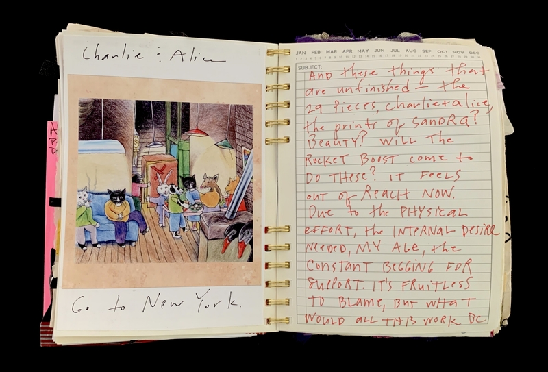 A handwritten note and a drawing of anthropomorphic animals in a cozy indoor setting.