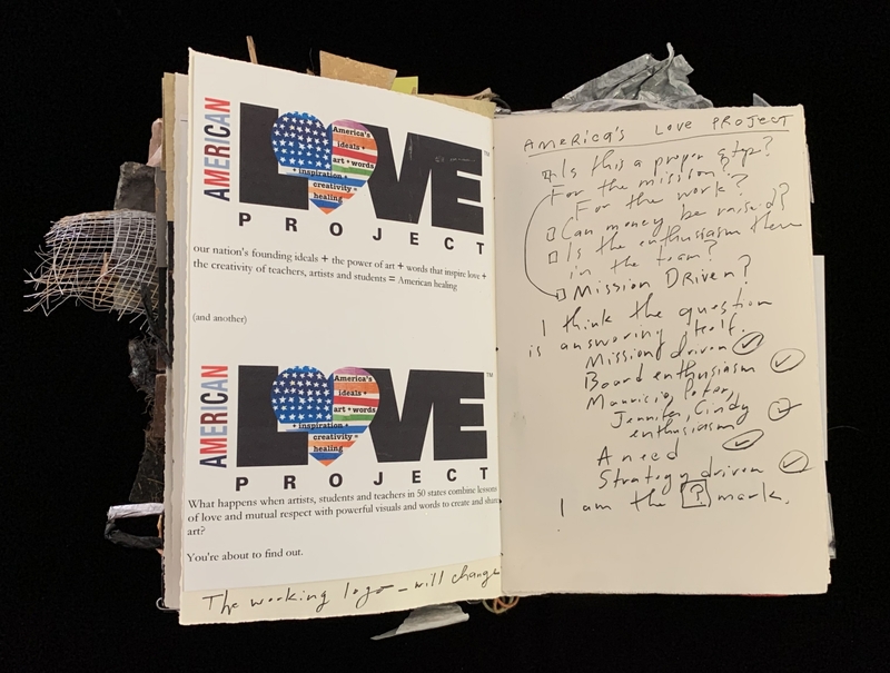 A page from a scrapbook or notebook featuring a design for the "American Love Project" and handwritten notes discussing its mission and strategy.